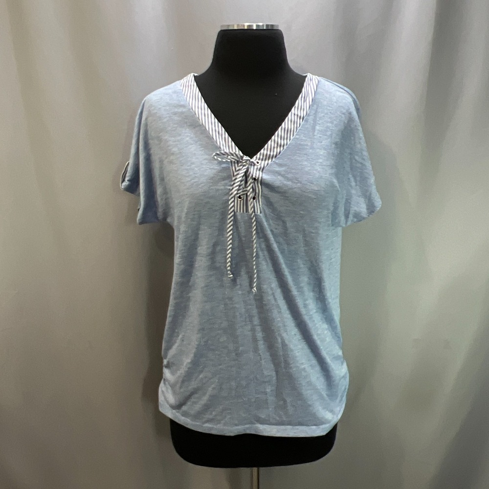 Parallel Skies Tunic Blouse Womens Medium Heathered Blue Tie Detail Side Ruched